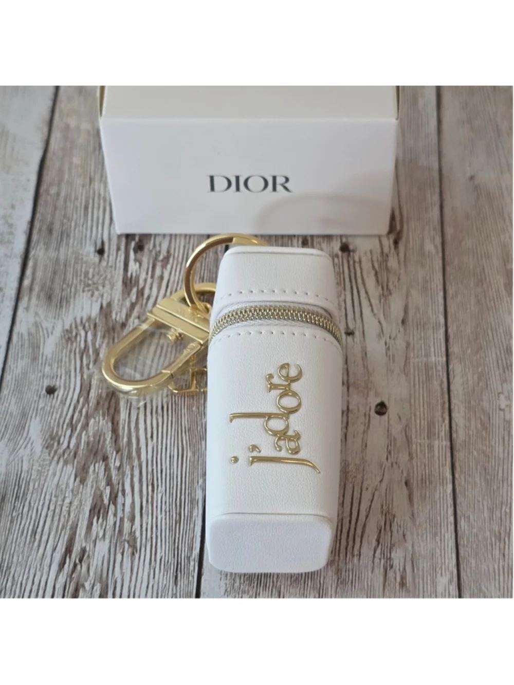 Women's Dior J'adore Cosmetic Case Keychain,, White and Gold